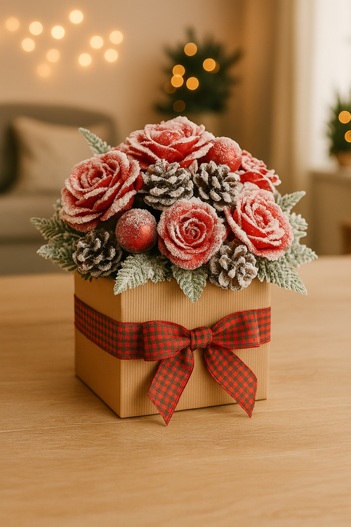 Świąteczny Flowerbox 20–25 cm z czerwonymi śnieżonymi różami i szyszkami – kolekcja GrandDeco