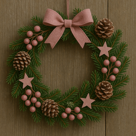 Zimowy wianek minimalistyczny – naturalny z gwiazdkami i różowymi dodatkami