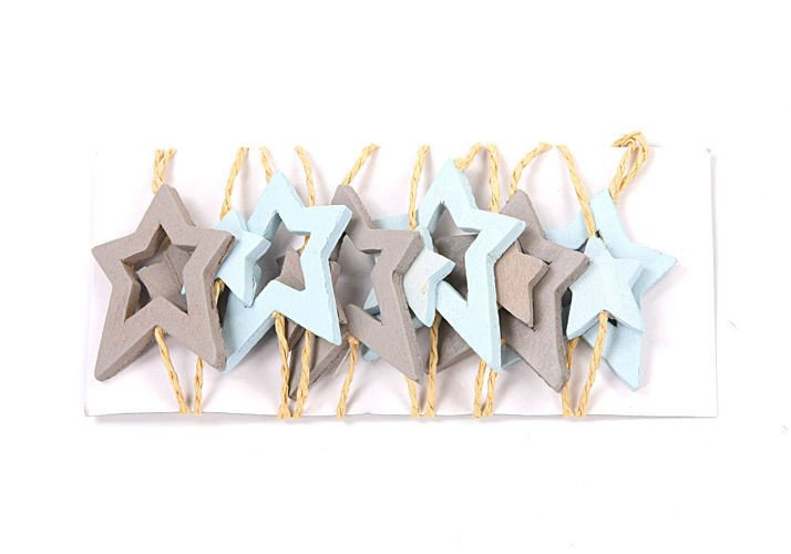 Garland blue-lilac wooden stars on string 12 stars - 160 cm