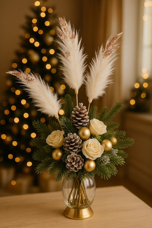 Set of 6 gold glittered white feathers on sticks  34cm