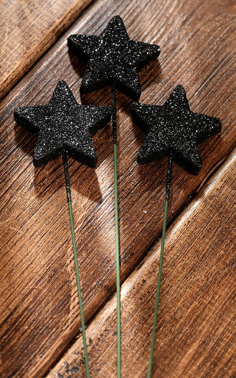 Brokatene Sterne am Draht, 6 Stücke, schwarz