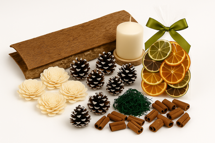Zestaw DIY Naturalny Stroik Świąteczny – kora, mech, cynamon, szyszki malowane, suszone cytrusy, świeca – dekoracje handmade