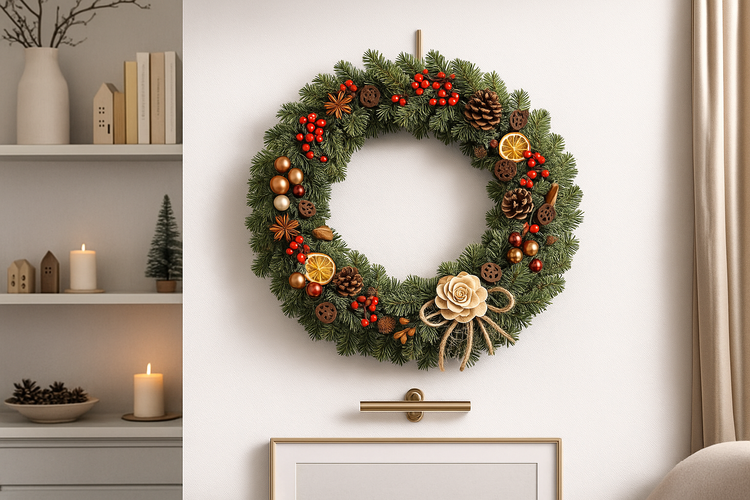 Zestaw DIY do stworzenia świątecznego wieńca – naturalne dekoracje, baza świerkowa, bombki, suszone owoce, jagody – komplet do samodzielnego wykonania