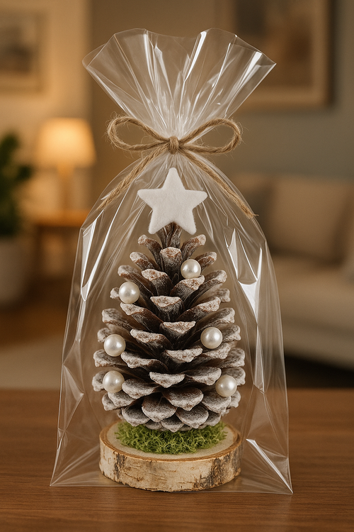 Weihnachtsdekoration, Tannenzapfen mit Perlen auf Holzsockel 8-20 cm