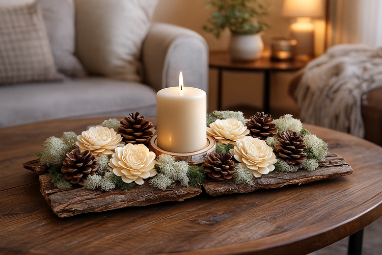 Zestaw DIY Naturalna Dekoracja ze Świecą – kora 28×10 cm, szyszki, kwiaty shola, mech – naturalny stroik handmade