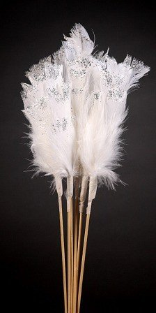 Set of 6 silver glittered white feathers on sticks  34cm