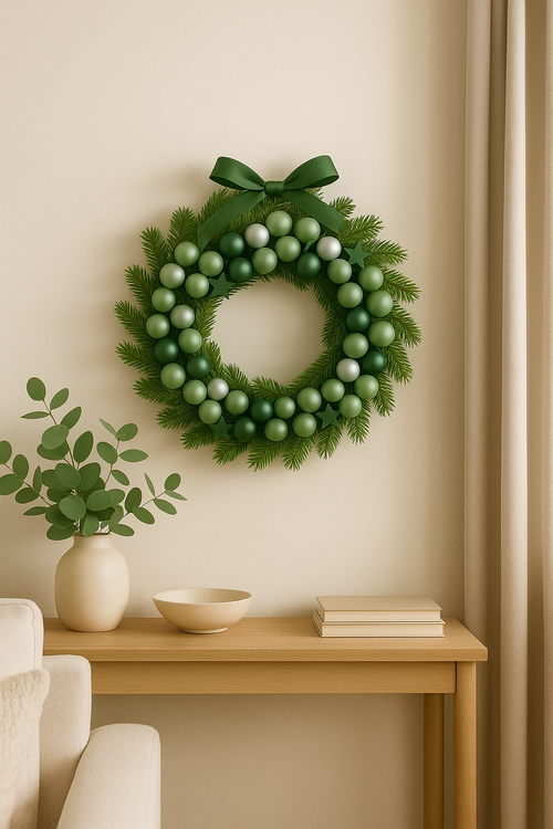 Zestaw Dekoracyjny GrandDeco – Zielone Bombki na Druciku 2–4 cm + Drewniane Gwiazdki 3 cm – Odcienie Zieleń & Srebro